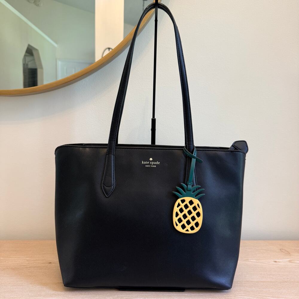 Kate Spade Marlee Tote Black Leather Shoulder Bag with Pineapple Charm